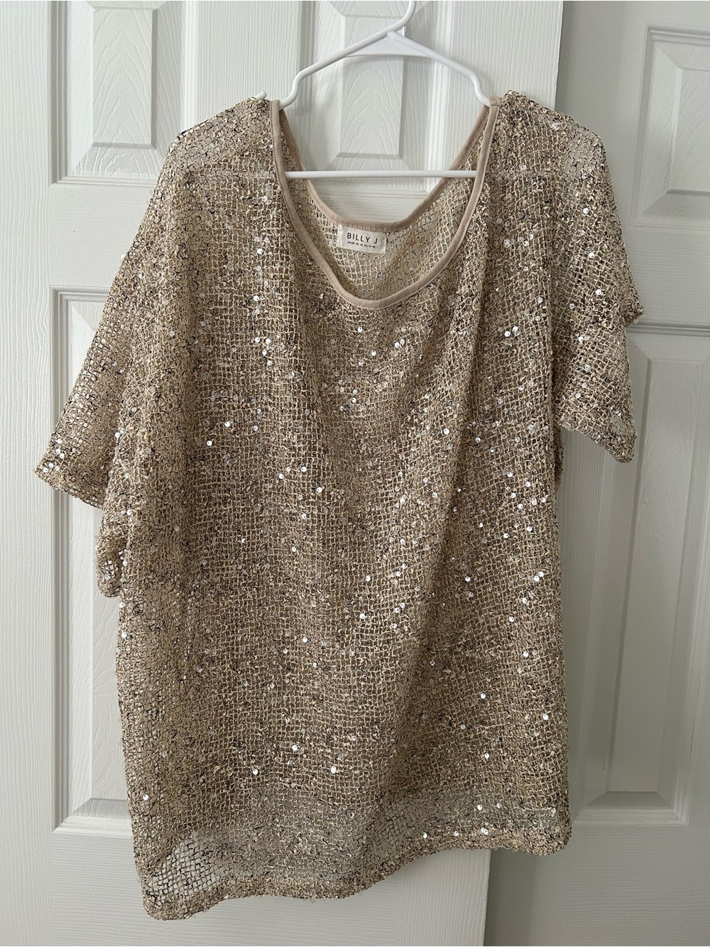 Sequin Short-Sleeve Metallic Knit Top